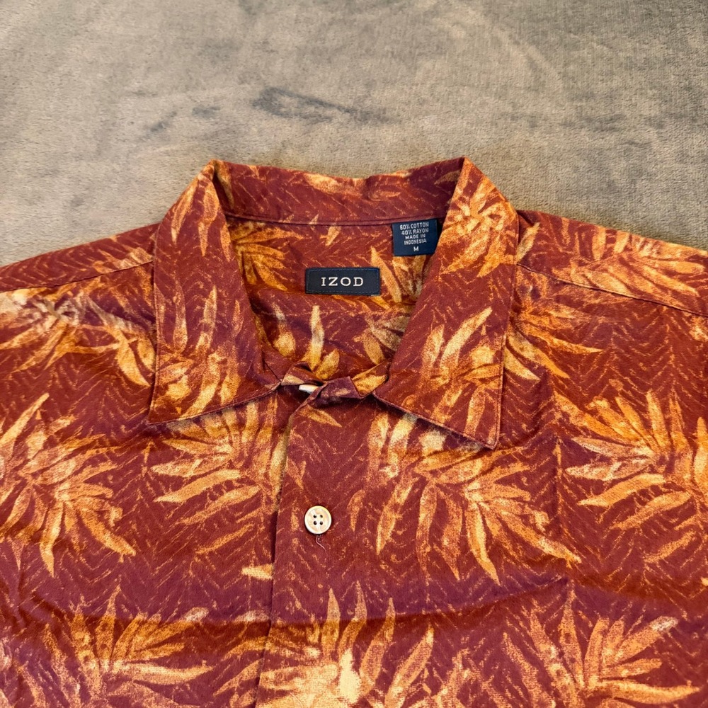 IZOD Short Sleeve‎ Button Down Shirt Tropical Leaf Print Hawaiian Mens Medium